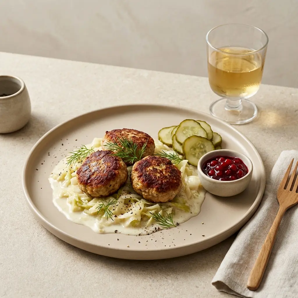 Frikadeller med stuet spisskål servert ferdig som hjemmelaget rett