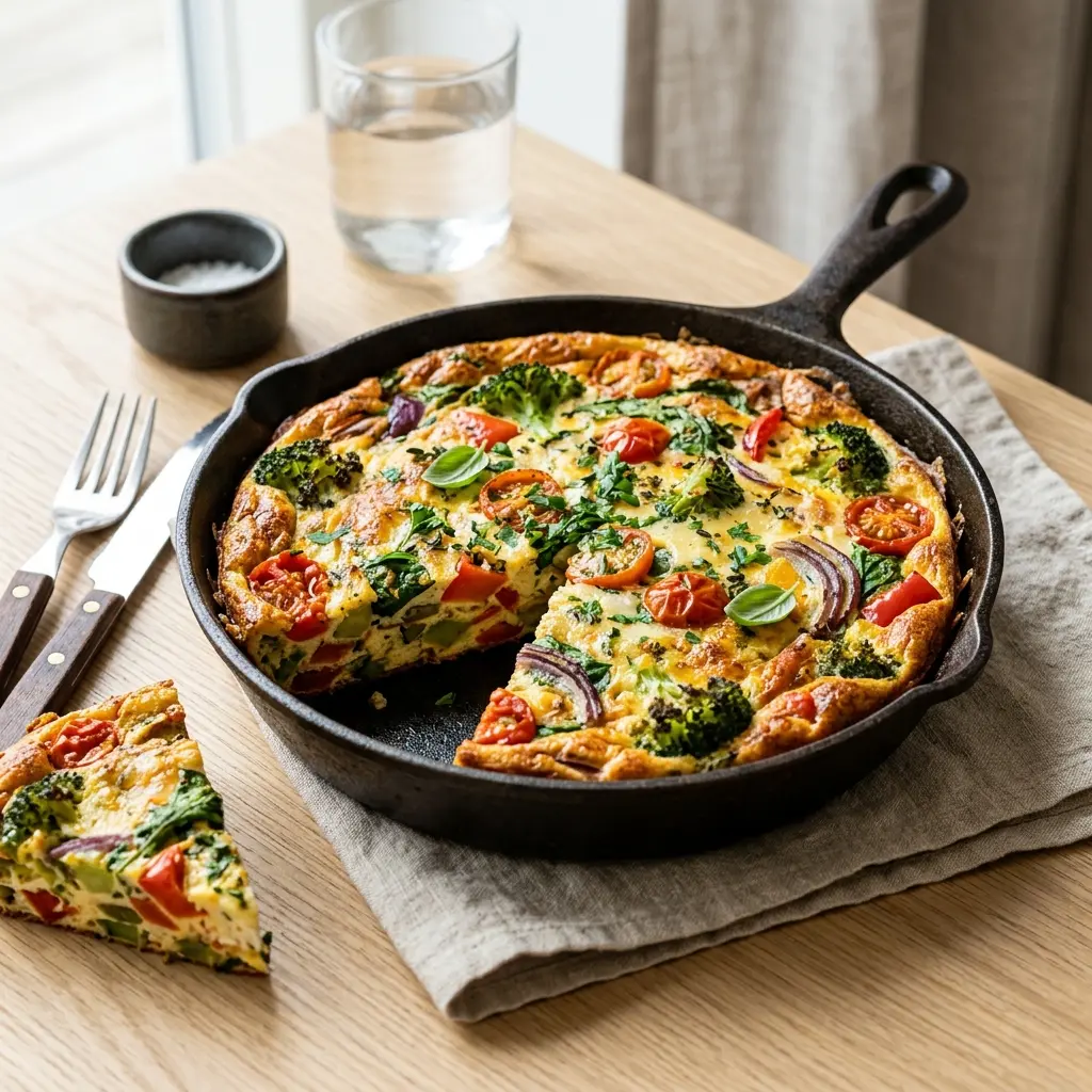 Nylaget frittata med grønnsaker servert på en appetittlig og hjemmelaget måte