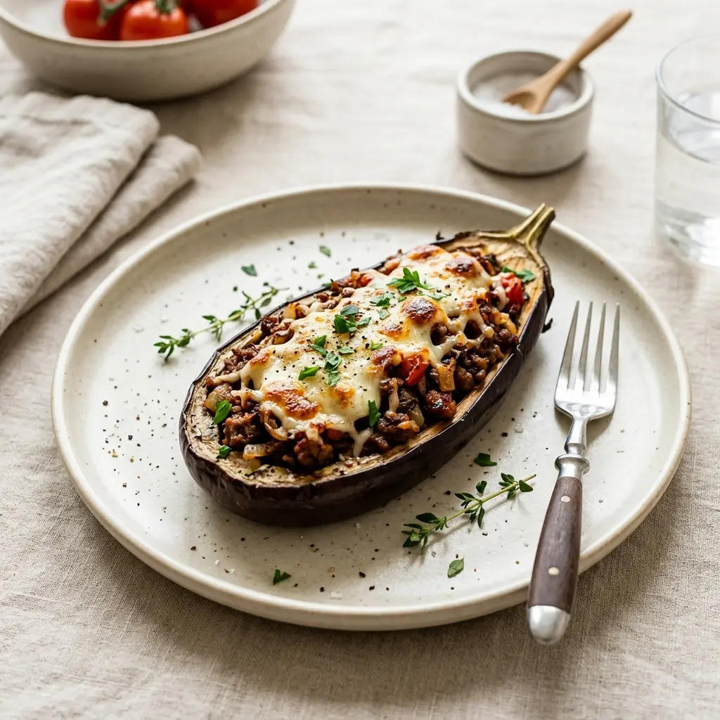 Nylaget fylt aubergine servert på en appetittlig og hjemmelaget måte