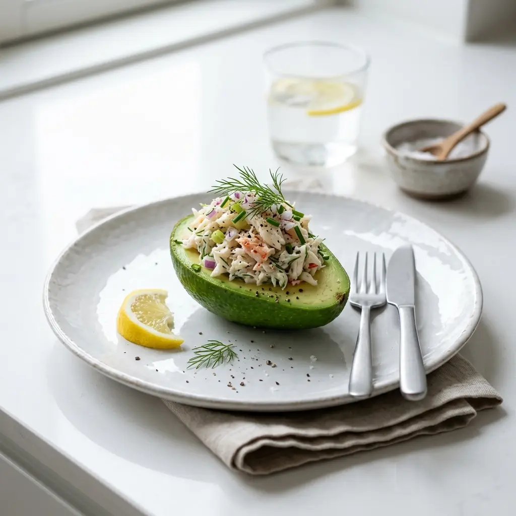 Nylaget fylt avokado med krabbe servert på en appetittlig og hjemmelaget måte