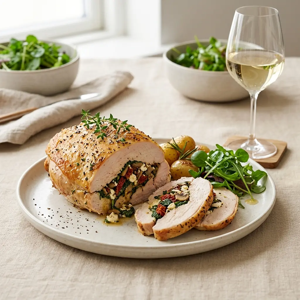Nylaget fylt kalkunbryst servert på en appetittlig og hjemmelaget måte