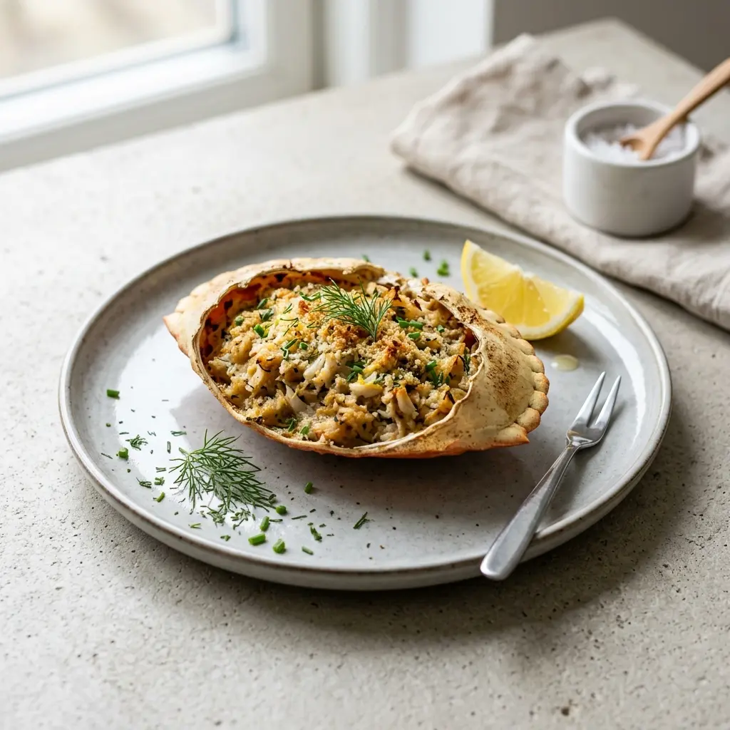 Nylaget fylt krabbe servert på en appetittlig og hjemmelaget måte