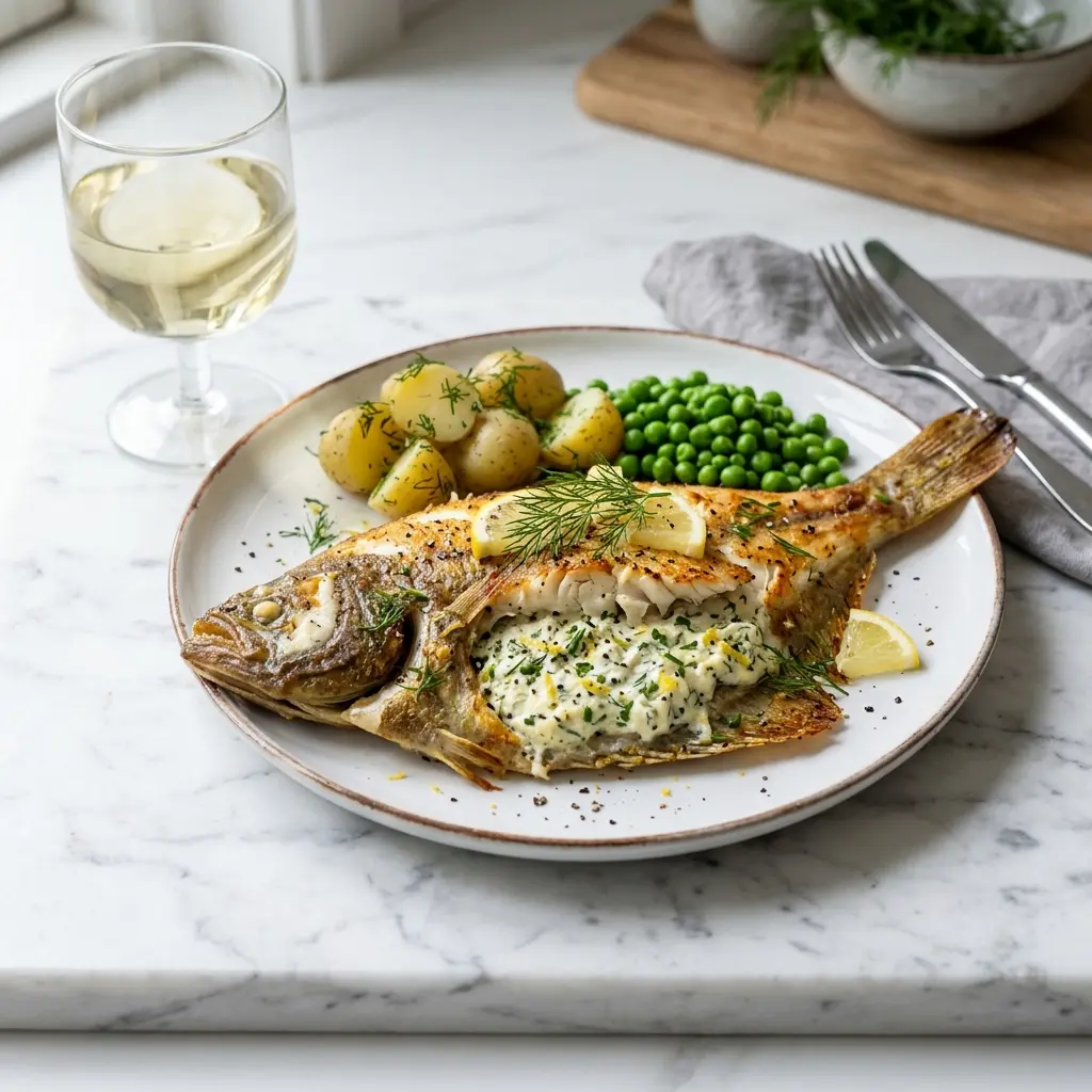 Nylaget fylt rødspette med kremost servert på en appetittlig og hjemmelaget måte