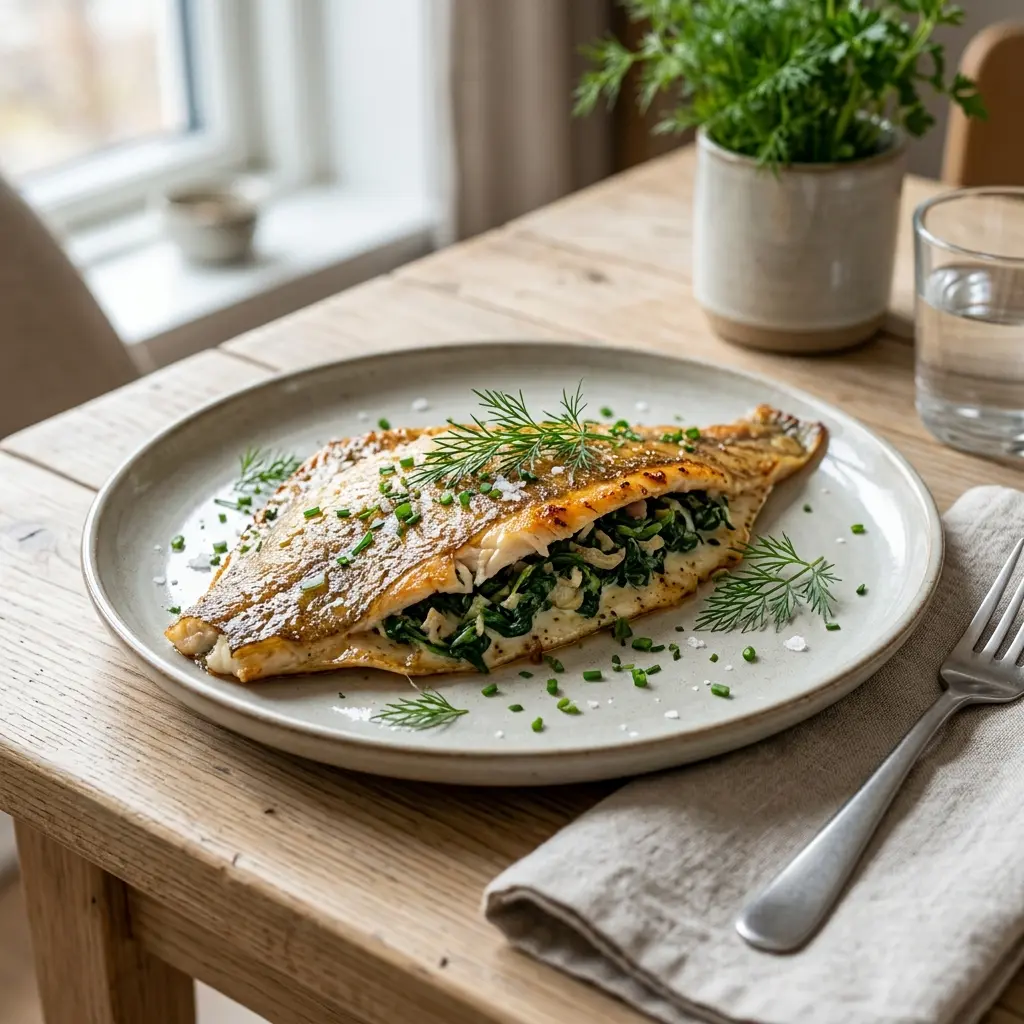 Nylaget fylt rødspette med spinat servert på en appetittlig og hjemmelaget måte