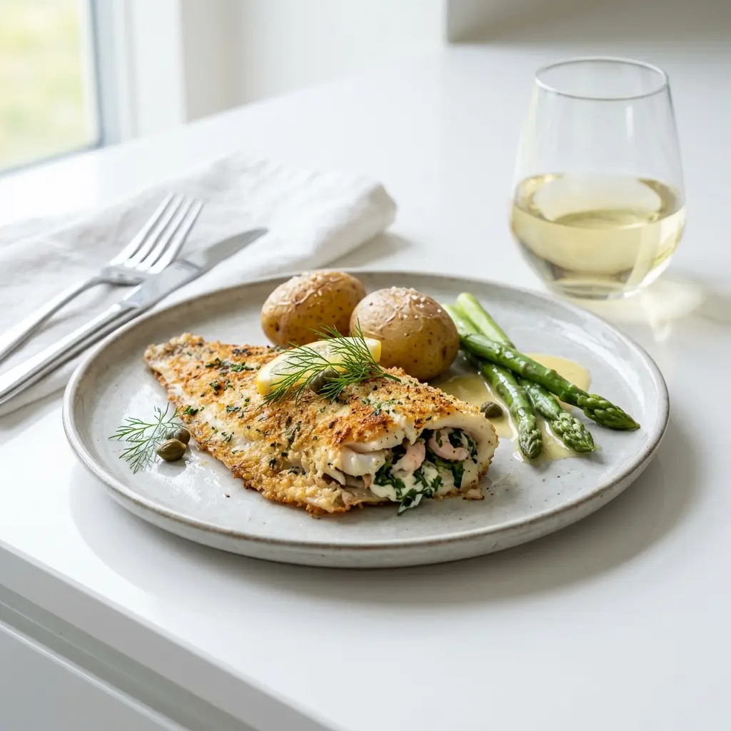 Nylaget fylt rødspettefilet servert på en appetittlig og hjemmelaget måte