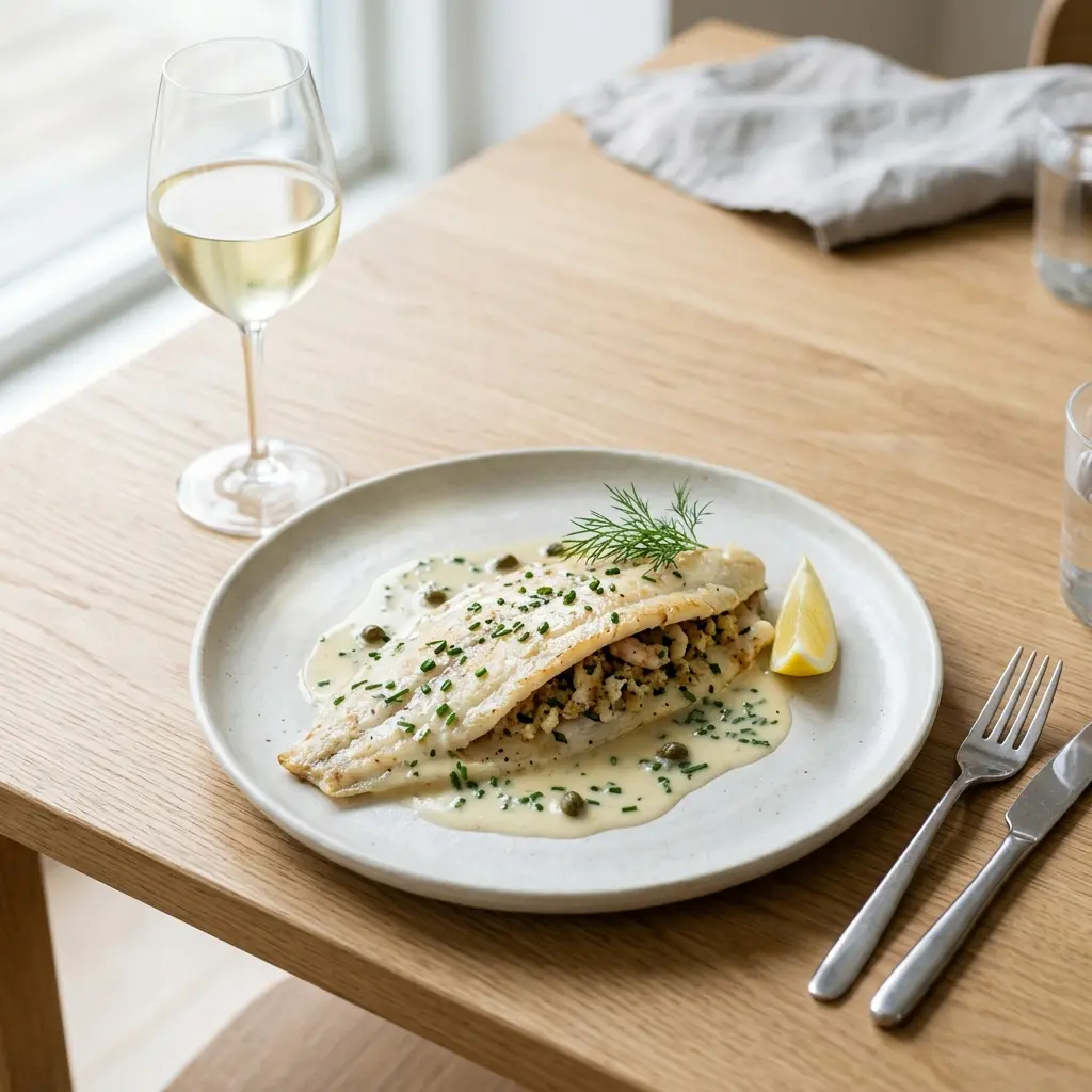Nylaget fylt sjøtunge servert på en appetittlig og hjemmelaget måte