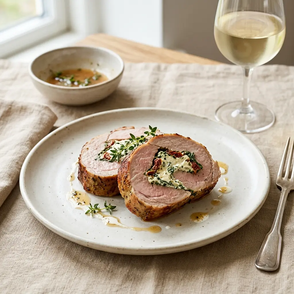 Nylaget fylt svinefilet med kremost servert på en appetittlig og hjemmelaget måte