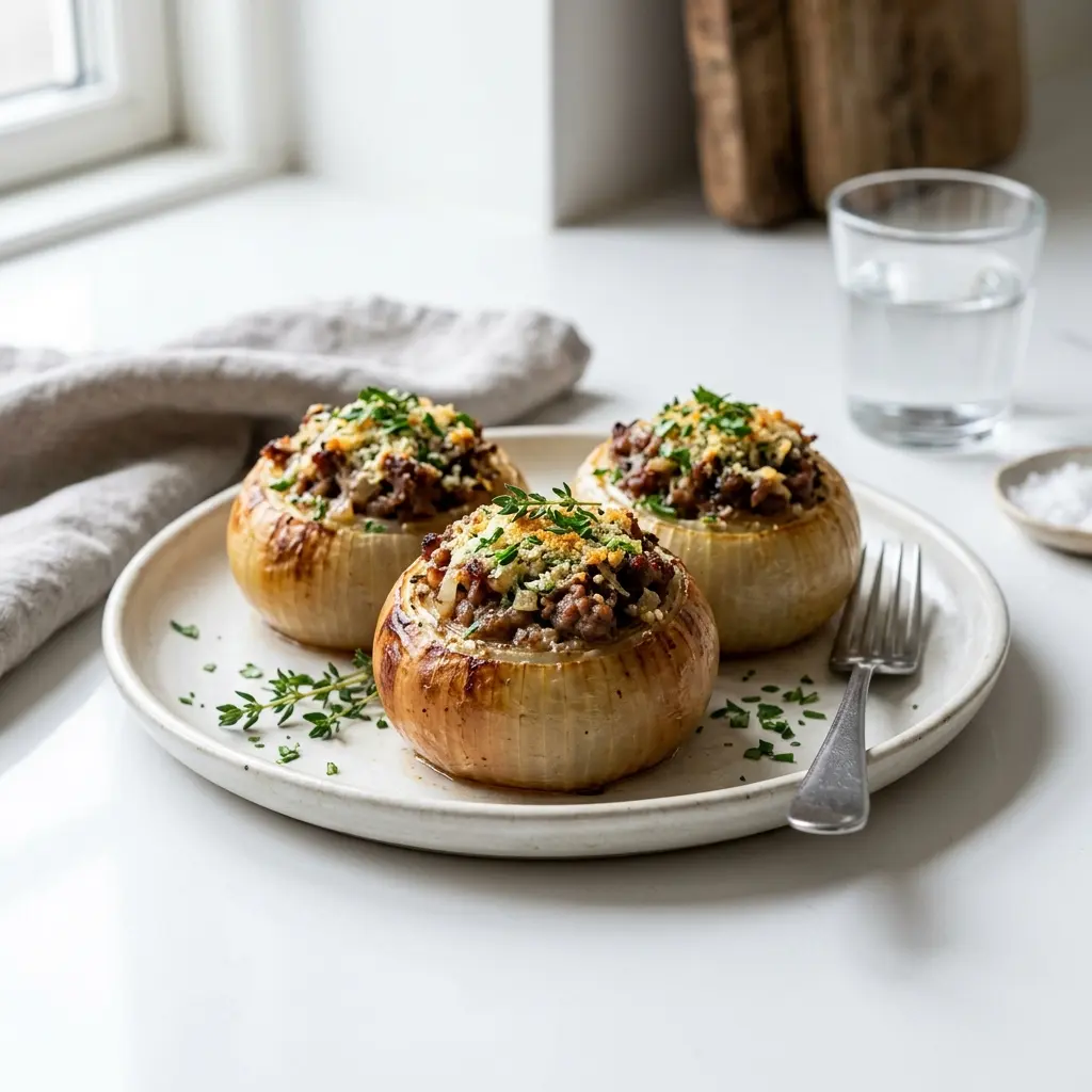 Nylaget fylte løk med kjøttdeig servert på en appetittlig og hjemmelaget måte