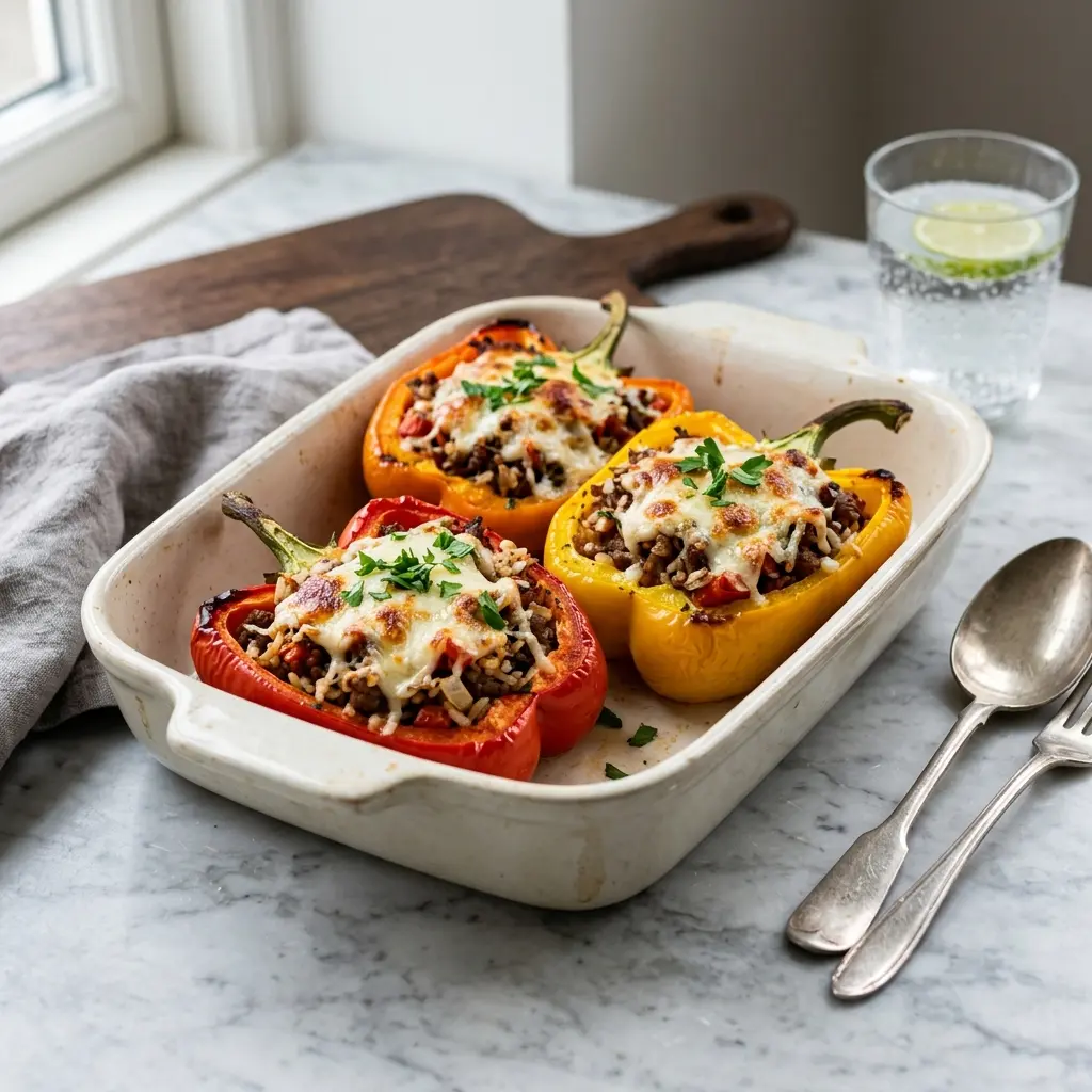 Nylaget fylte paprika med storfekjøtt servert på en appetittlig og hjemmelaget måte