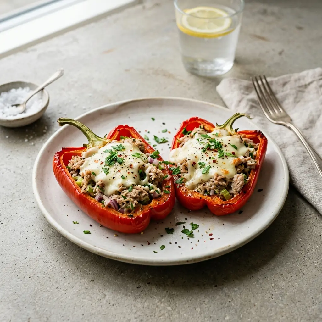 Fylte paprika med tunfisk servert ferdig som hjemmelaget rett