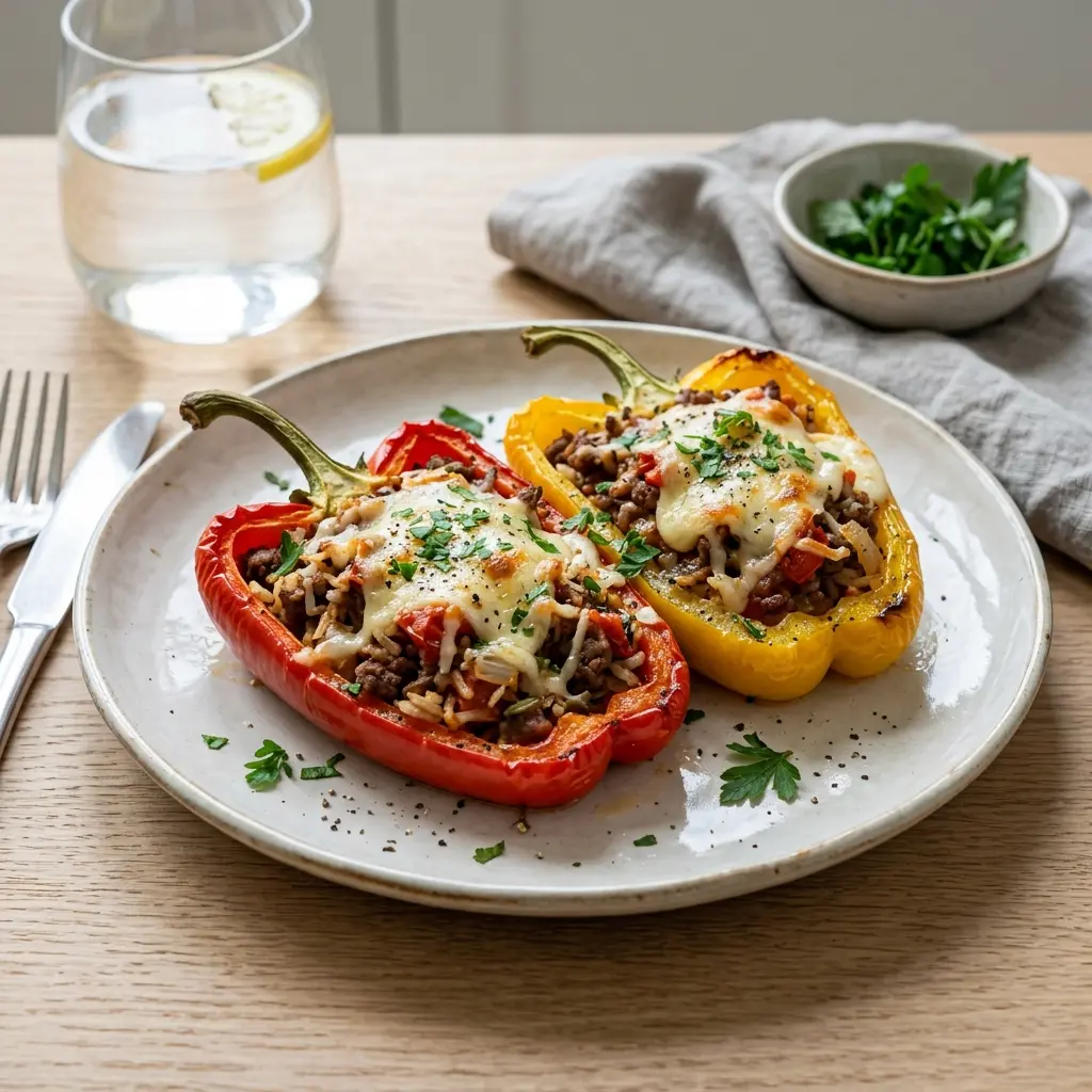 Nylaget fylte paprika servert på en appetittlig og hjemmelaget måte