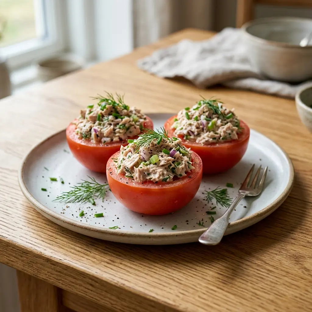 Fylte tomater med tunfisksalat servert som frisk salat