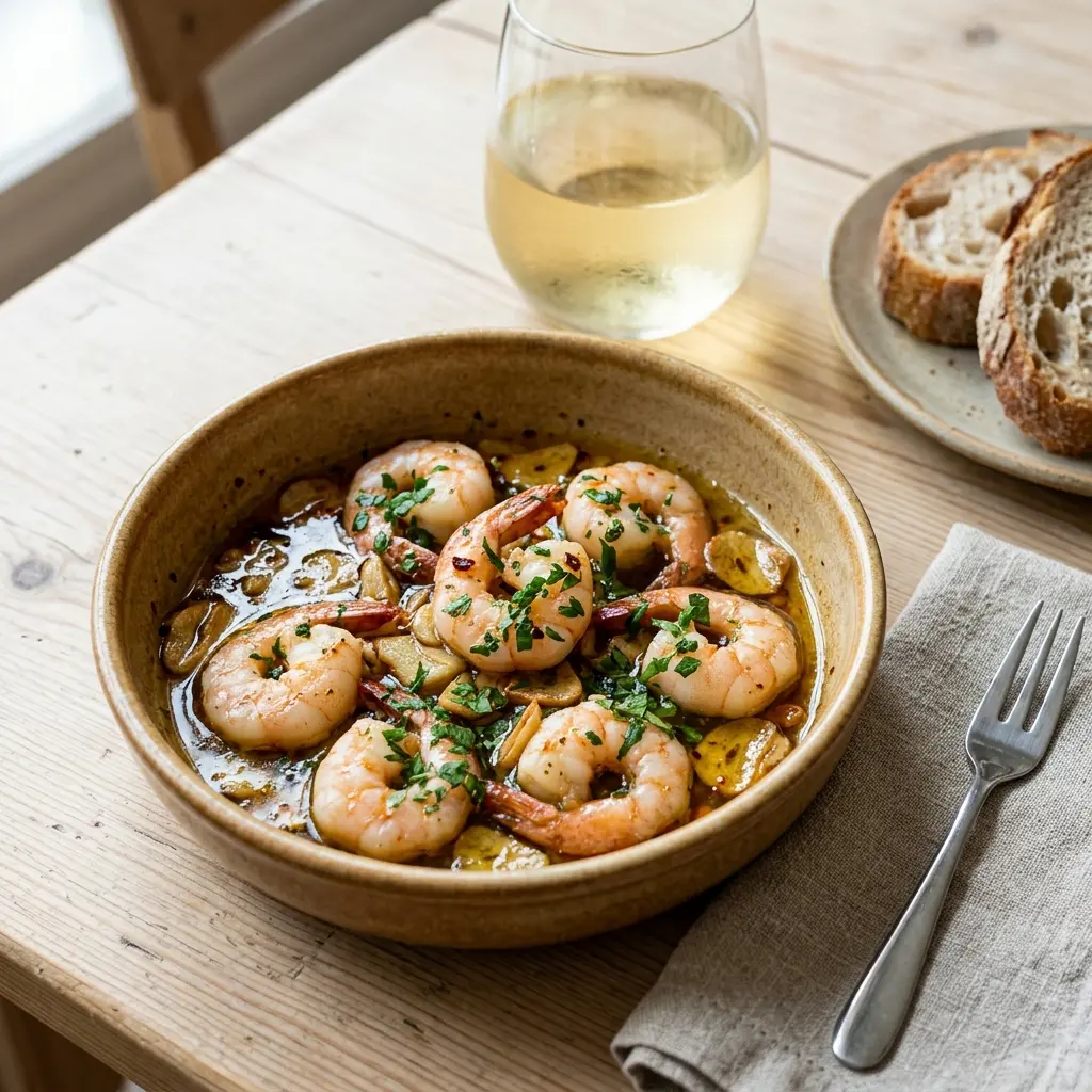 Nylaget gambas al ajillo servert på en appetittlig og hjemmelaget måte