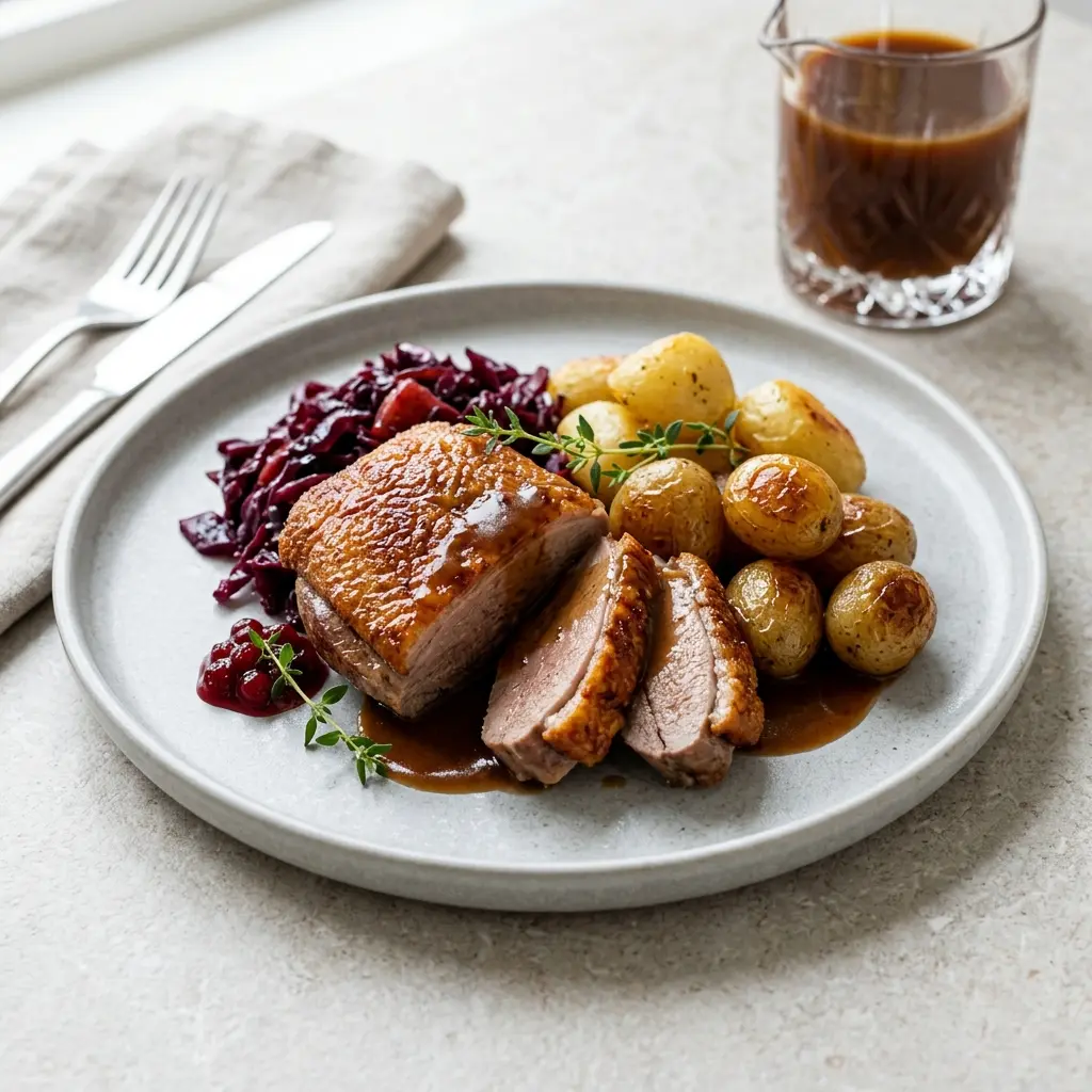 Nylaget gammeldags andestek servert på en appetittlig og hjemmelaget måte