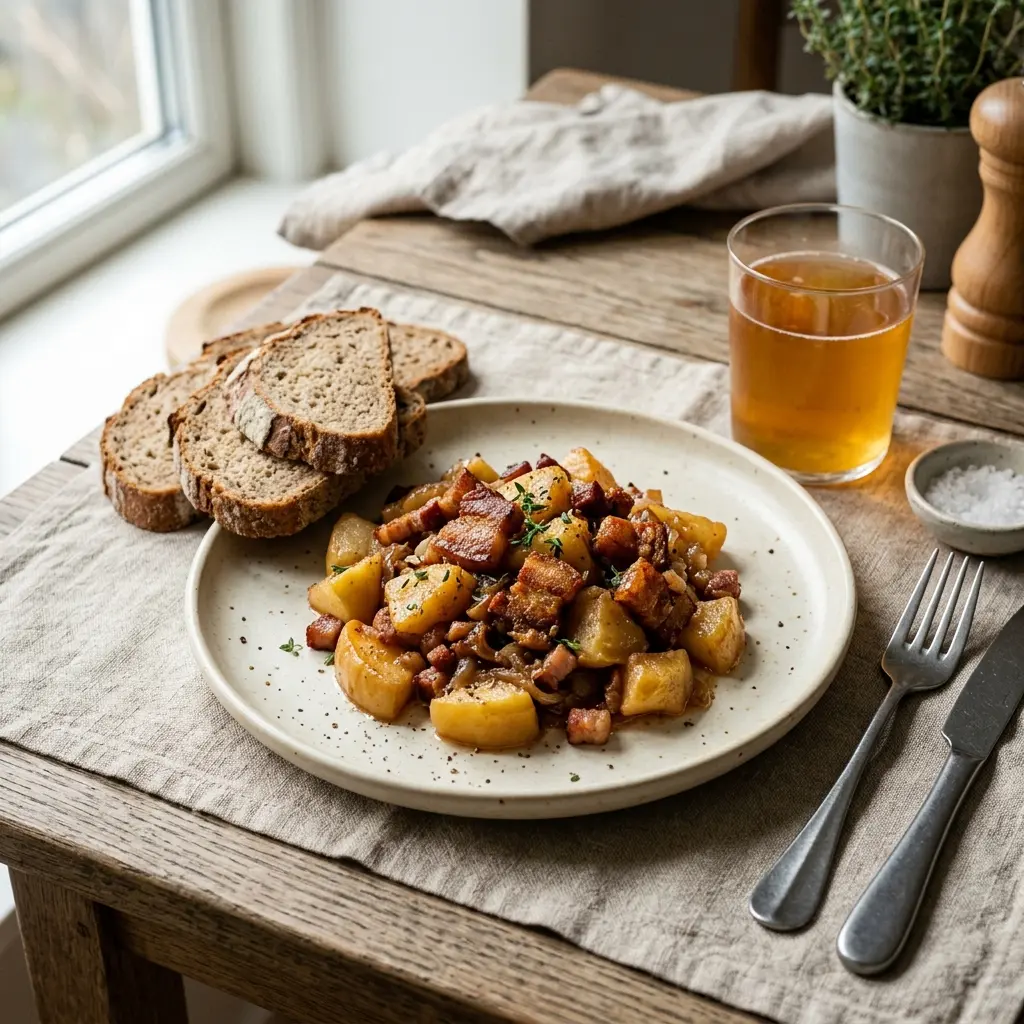 Nylaget gammeldags epleflesk servert på en appetittlig og hjemmelaget måte