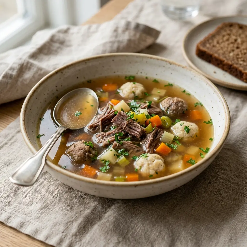 En varm porsjon gammeldags oksekjøttsuppe servert på en innbydende måte