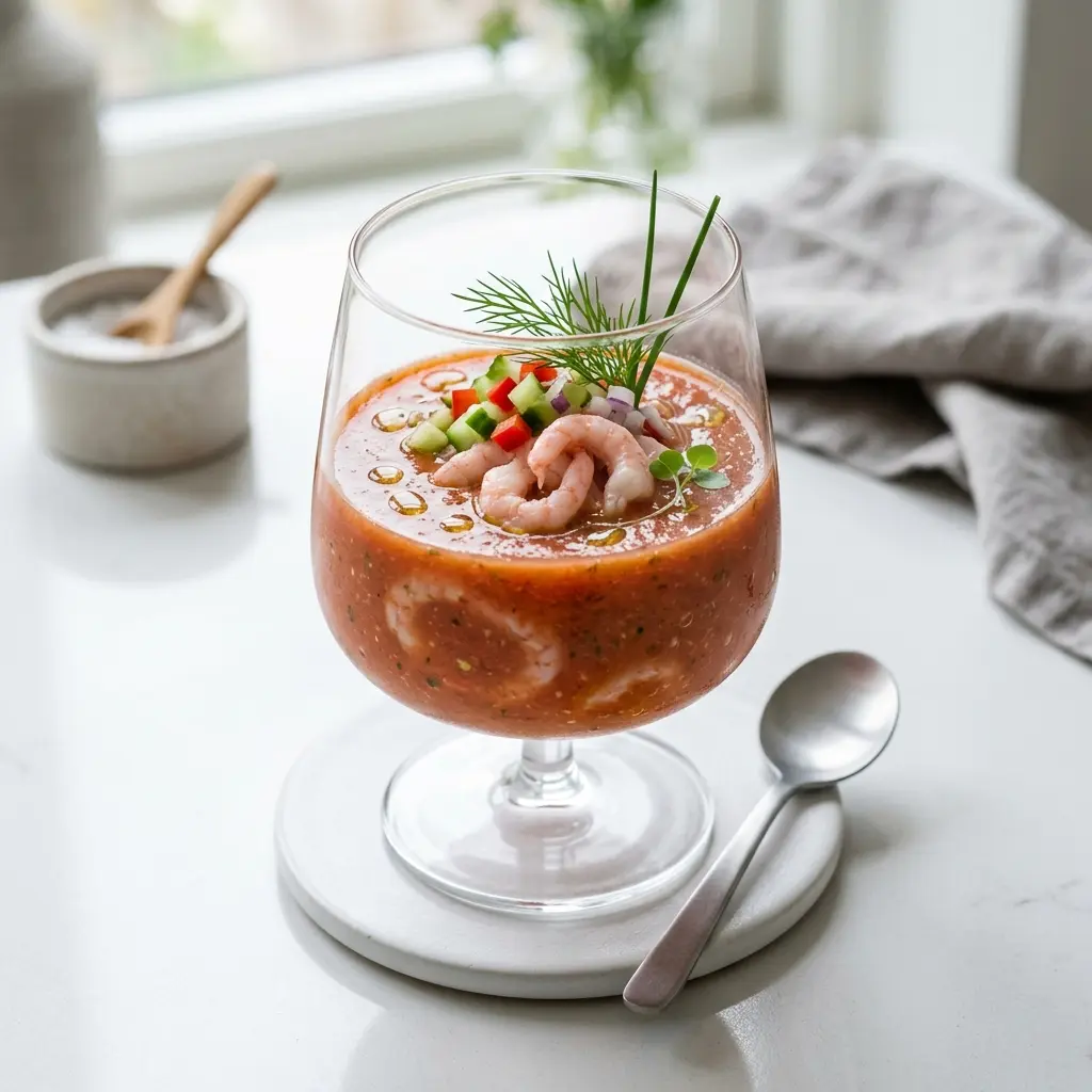 Nylaget gazpacho med reker servert på en appetittlig og hjemmelaget måte