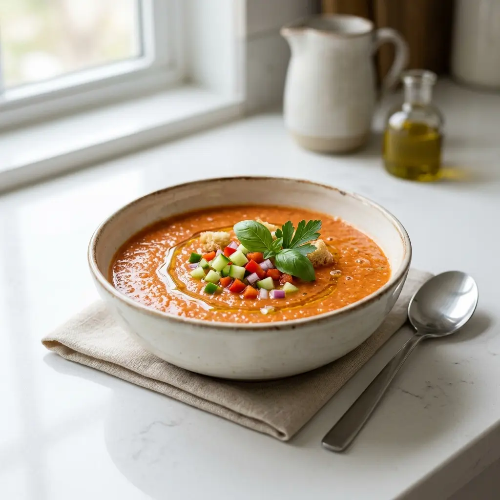 Nylaget gazpacho servert på en appetittlig og hjemmelaget måte