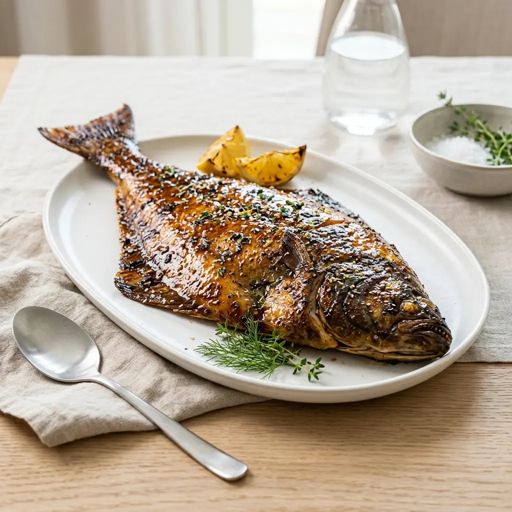Nylaget glasert kveite servert på en appetittlig og hjemmelaget måte