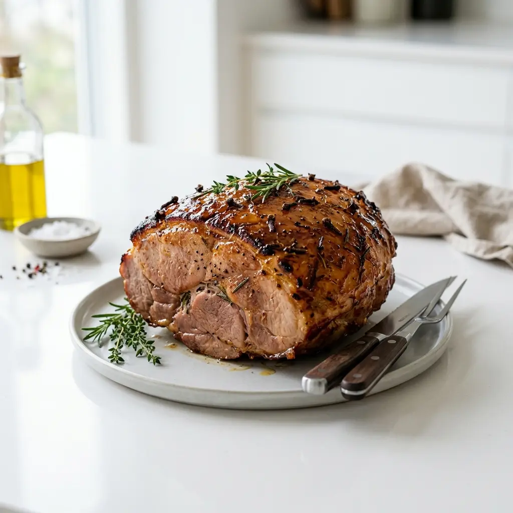 Nylaget glasert skinke servert på en appetittlig og hjemmelaget måte