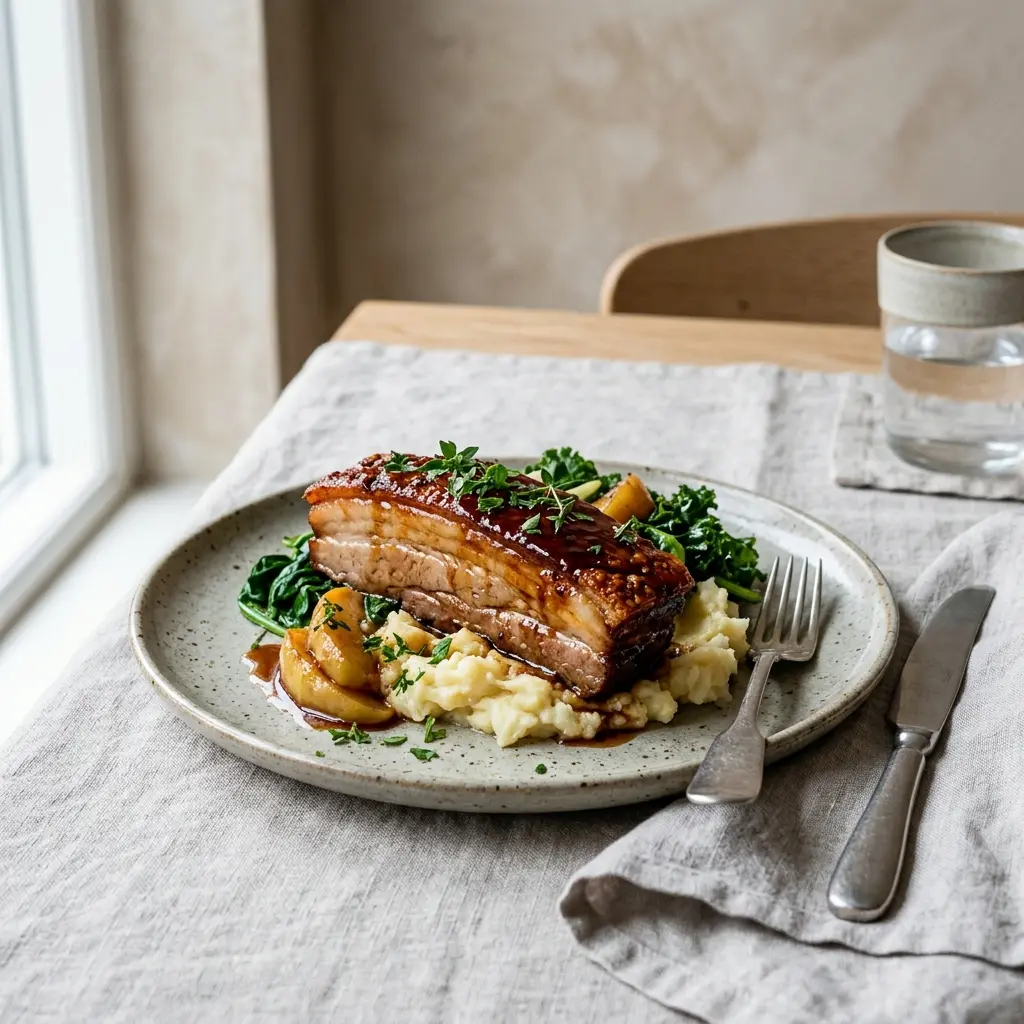 Nylaget glasert svinebryst servert på en appetittlig og hjemmelaget måte