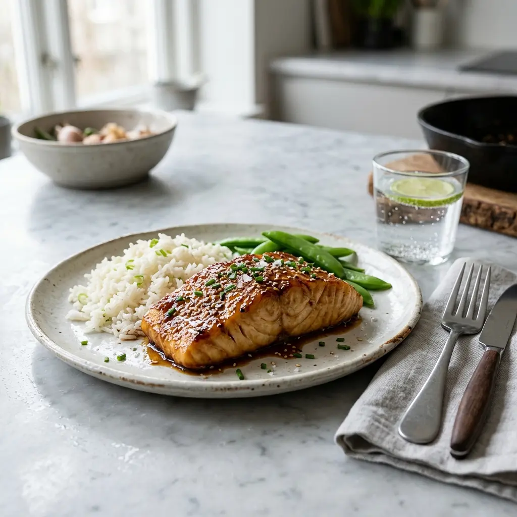 Nylaget glasert torsk servert på en appetittlig og hjemmelaget måte