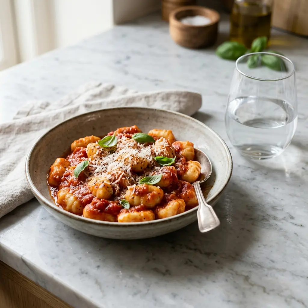 En skål med gnocchi med tomatsaus klar til servering som smakfullt tilbehør