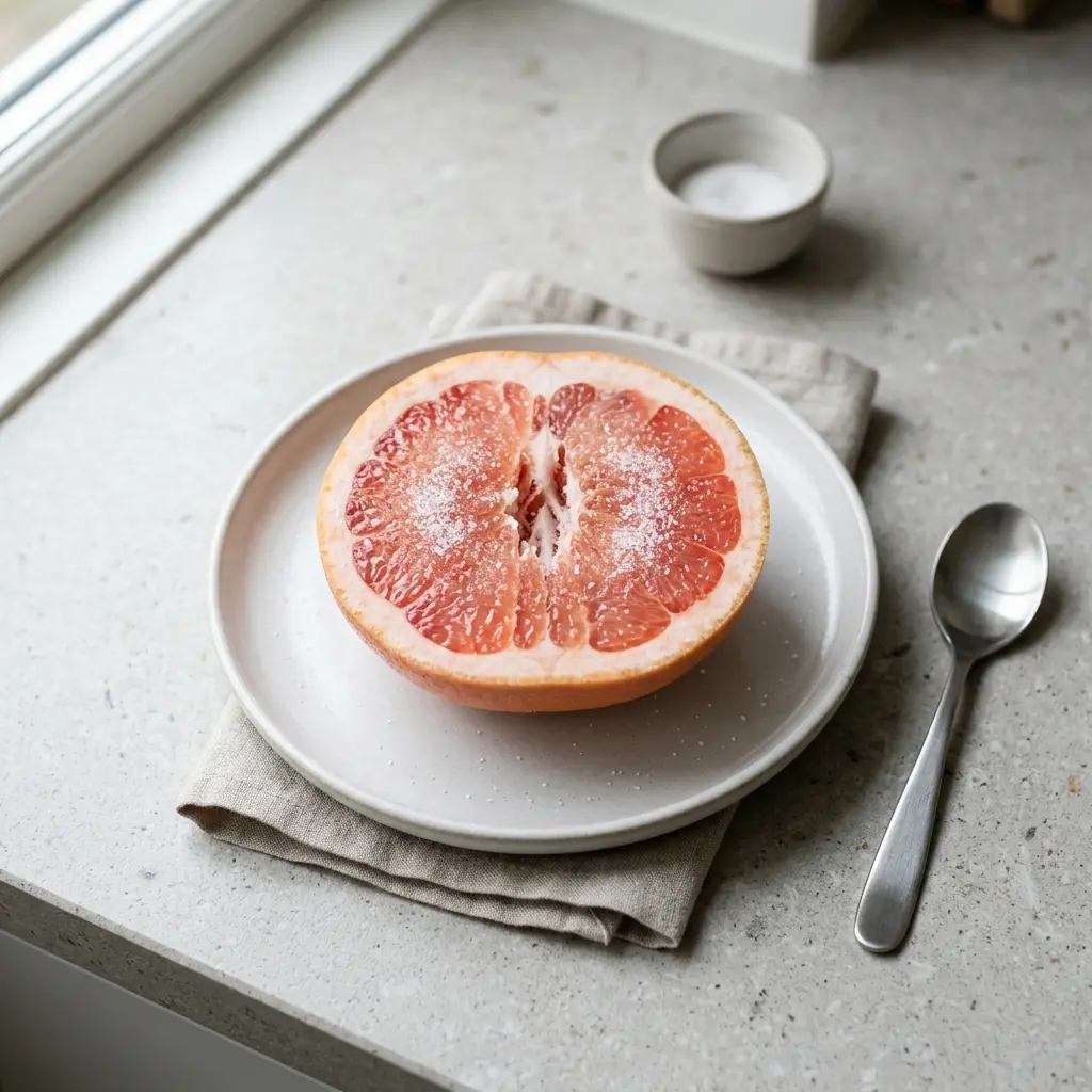 Nylaget grapefrukt med sukker servert på en appetittlig og hjemmelaget måte