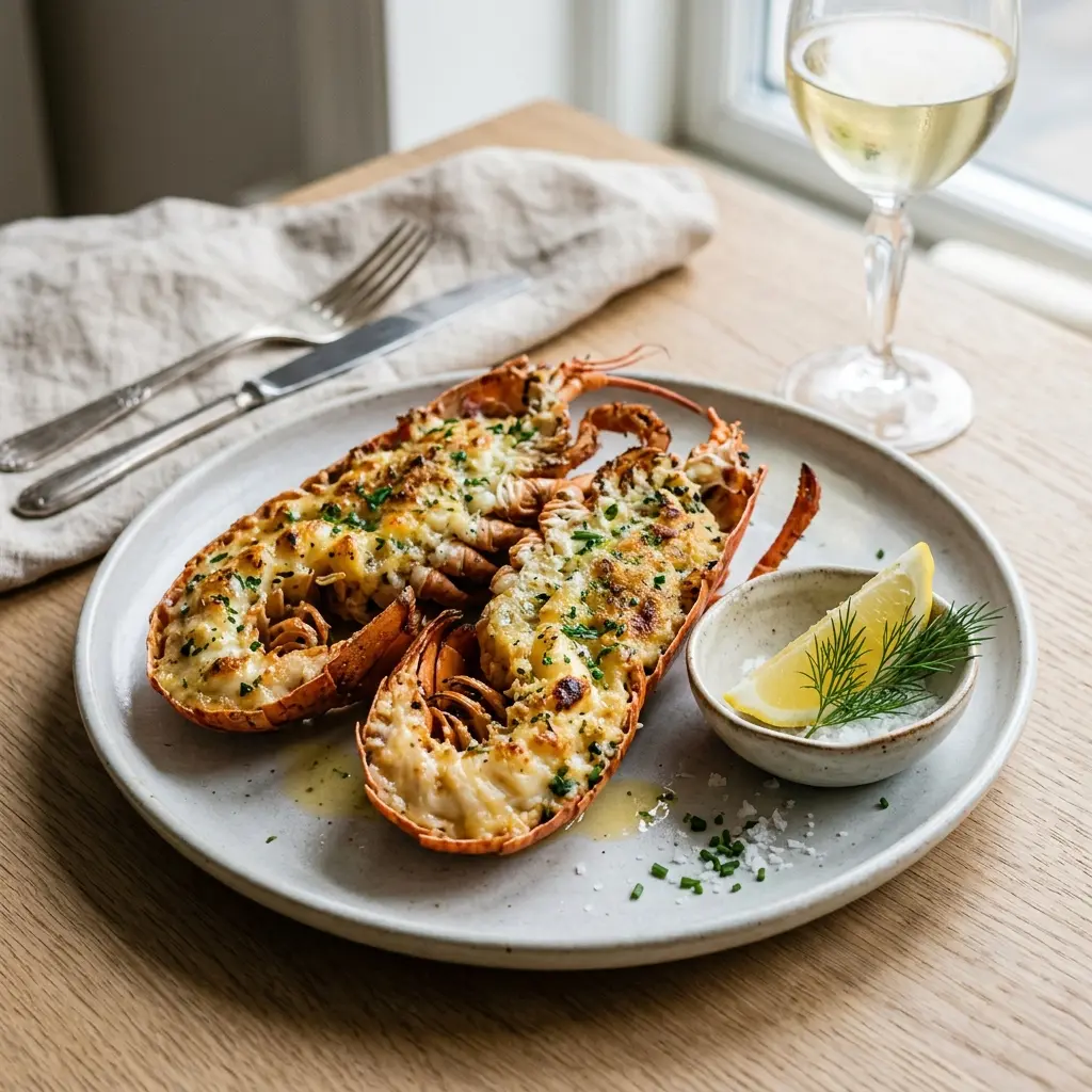 Nylaget gratinert hummer servert på en appetittlig og hjemmelaget måte