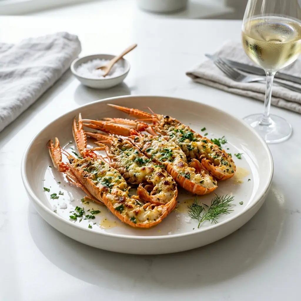 Nylaget gratinert sjøkreps servert på en appetittlig og hjemmelaget måte