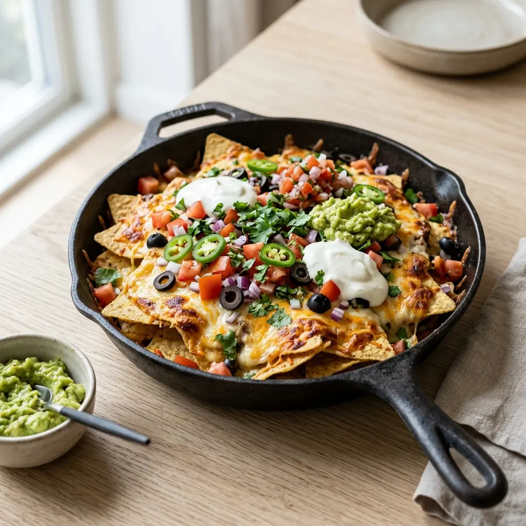 Nylaget gratinerte nachos servert på en appetittlig og hjemmelaget måte