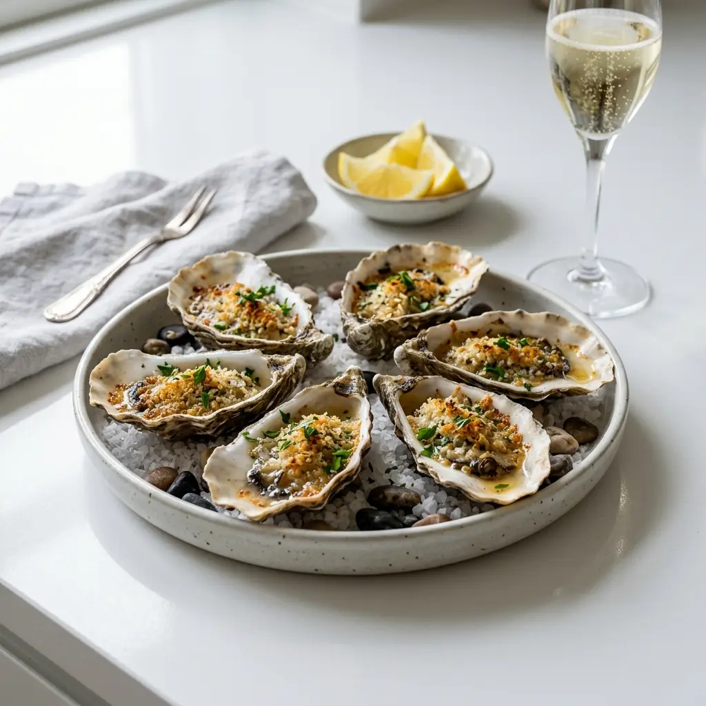 Nylaget gratinerte østers servert på en appetittlig og hjemmelaget måte
