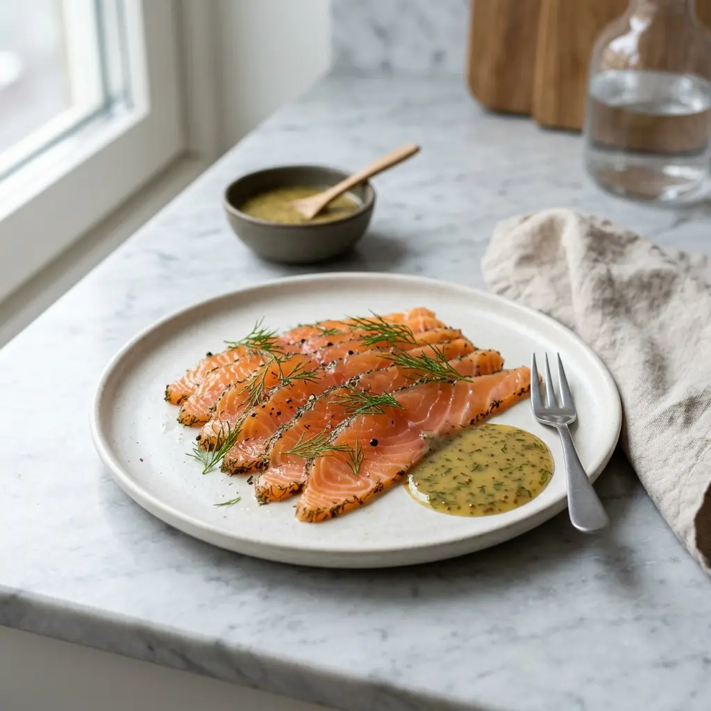 Nylaget gravet laks servert på en appetittlig og hjemmelaget måte