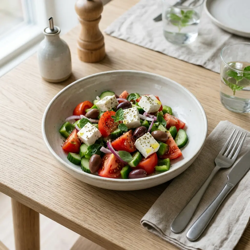 En frisk porsjon gresk salat med ferske råvarer og fin servering