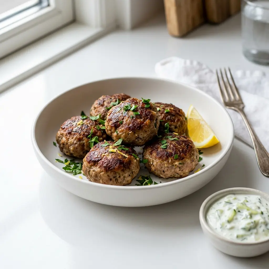 Nylaget greske frikadeller servert på en appetittlig og hjemmelaget måte