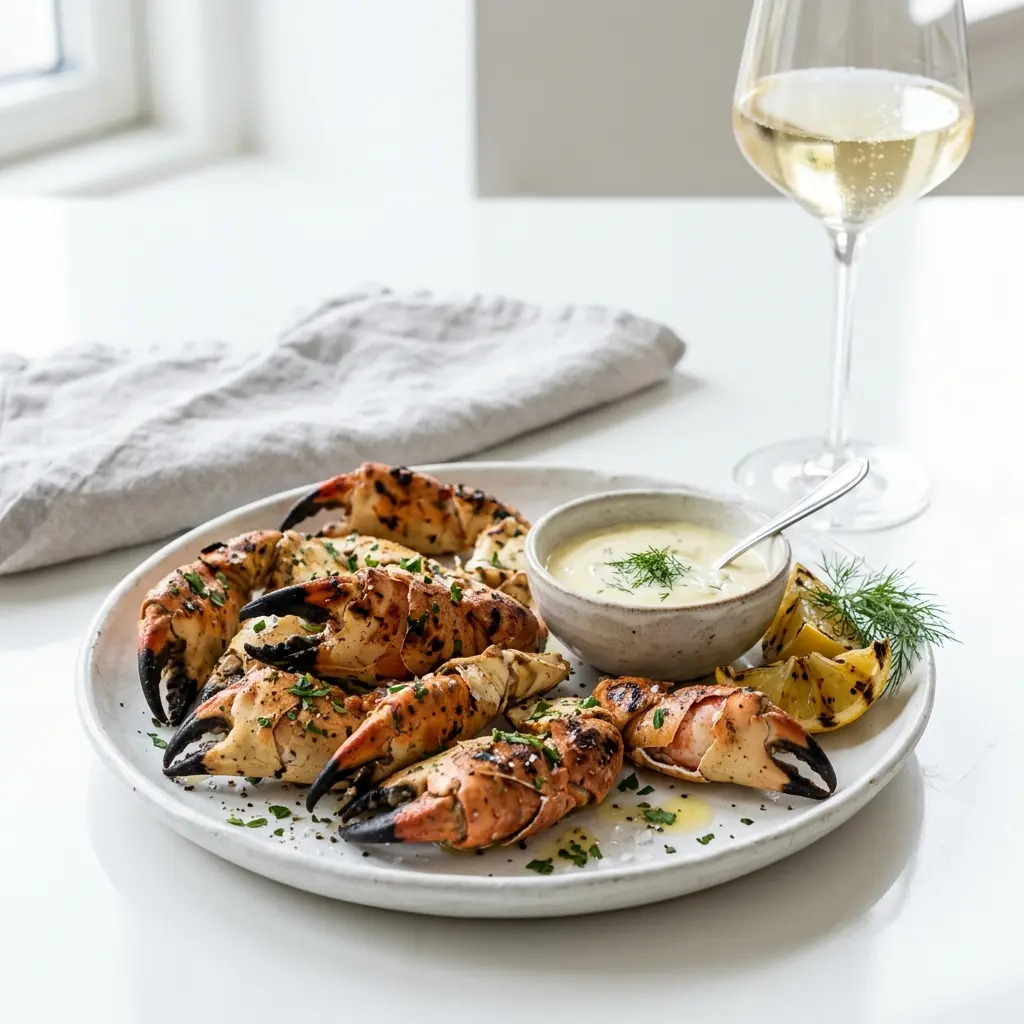 Nylaget grillede krabbeklør servert på en appetittlig og hjemmelaget måte