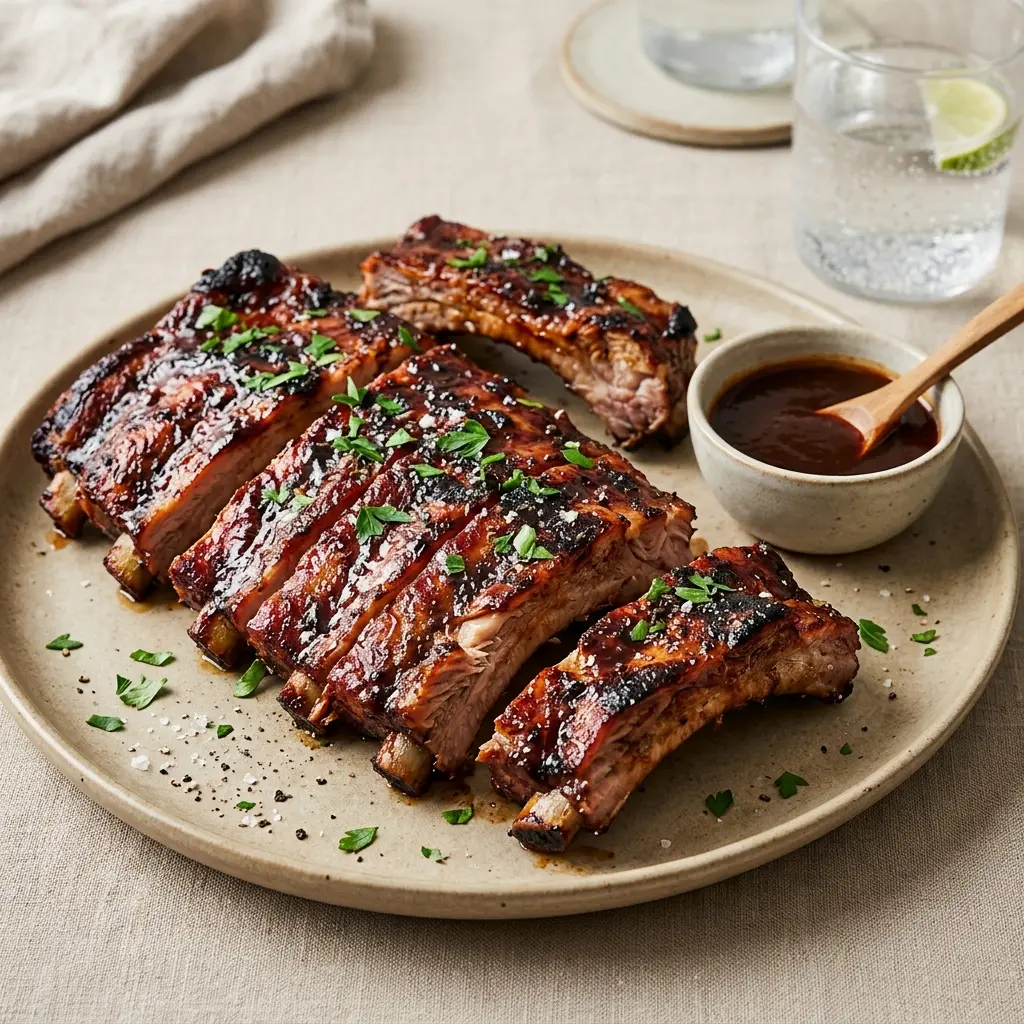 Nylaget grillede ribber servert på en appetittlig og hjemmelaget måte