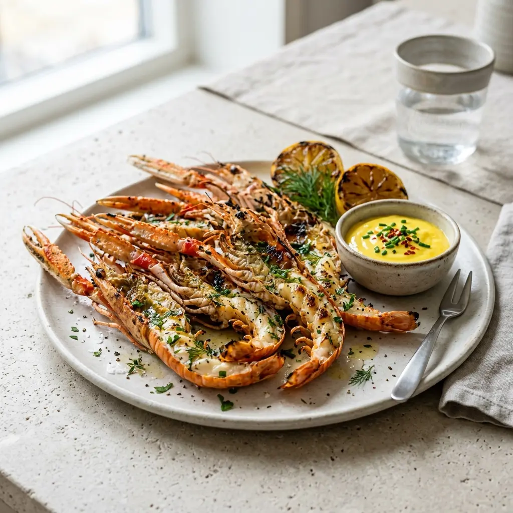 Nylaget grillede sjøkreps servert på en appetittlig og hjemmelaget måte