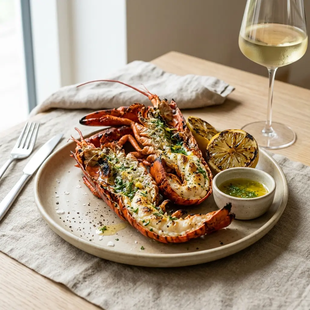 Nylaget grillet hummer servert på en appetittlig og hjemmelaget måte
