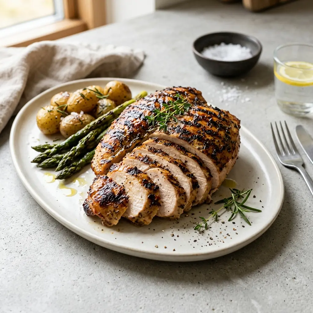 Nylaget grillet kalkunbryst servert på en appetittlig og hjemmelaget måte