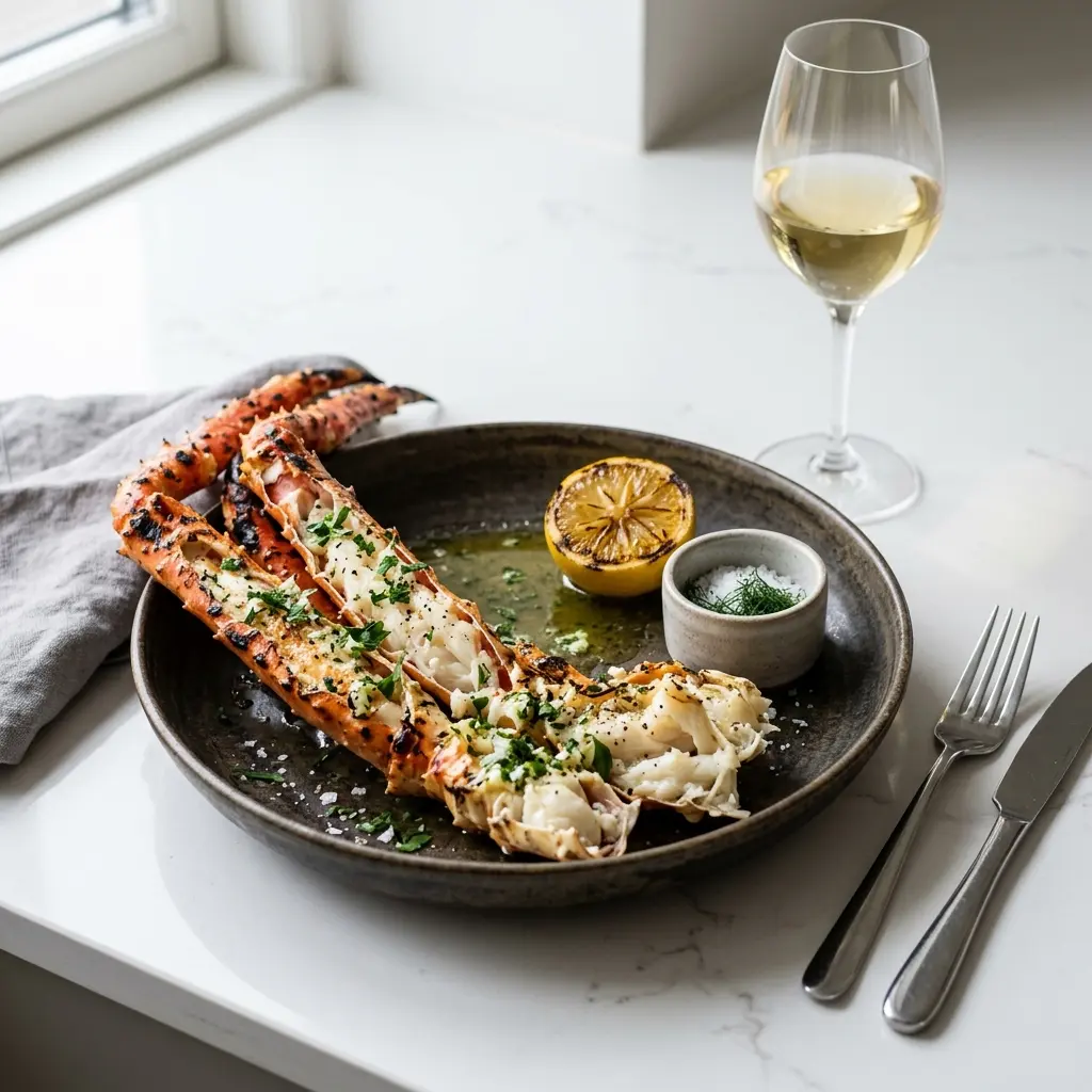 Nylaget grillet kongekrabbe servert på en appetittlig og hjemmelaget måte