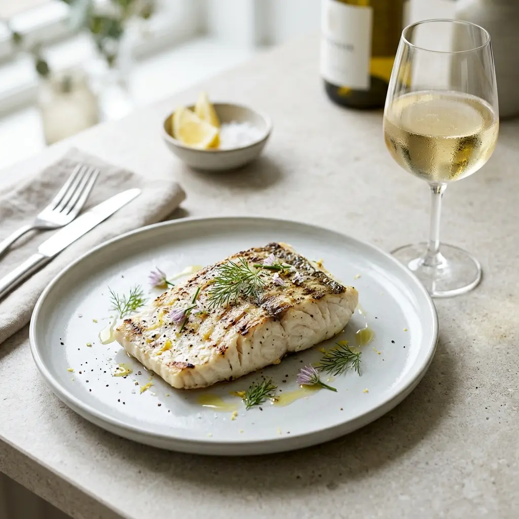 Nylaget grillet kveite servert på en appetittlig og hjemmelaget måte