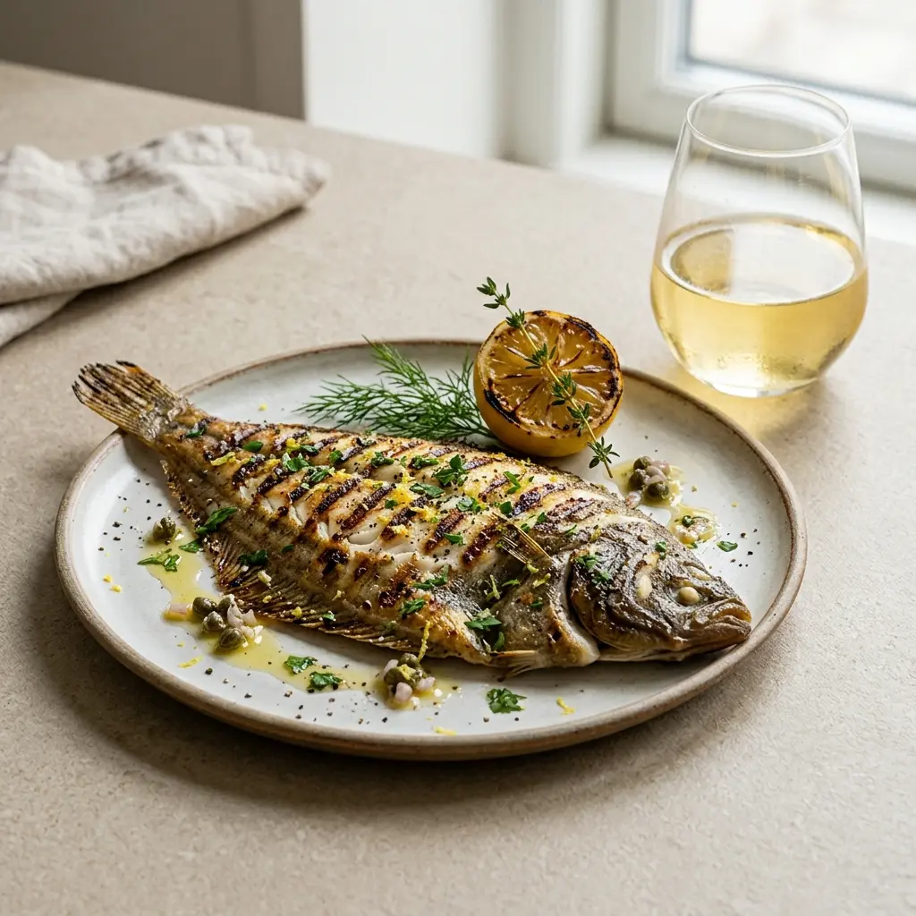 Nylaget grillet sjøtunge servert på en appetittlig og hjemmelaget måte