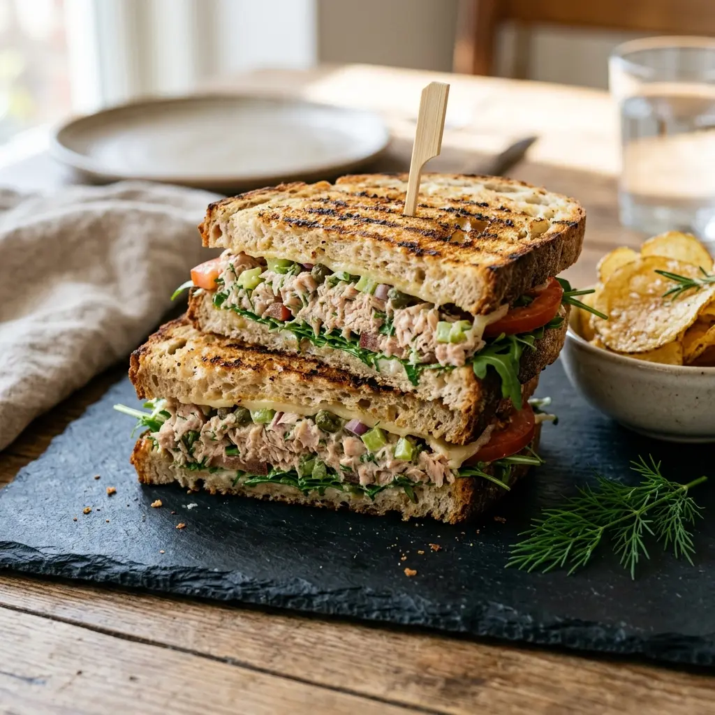 Grillet tunfisksandwich servert ferdig som hjemmelaget rett