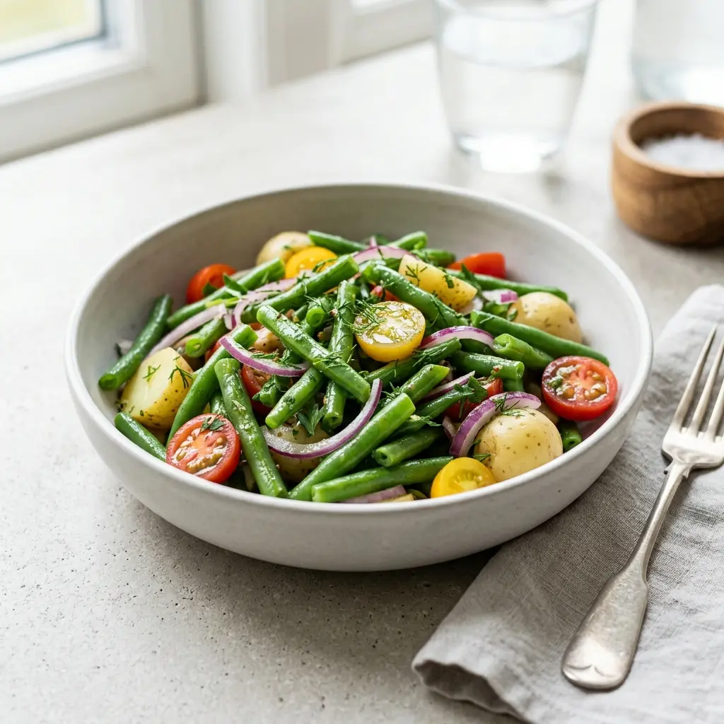 En frisk porsjon grønn bønnesalat med ferske råvarer og fin servering