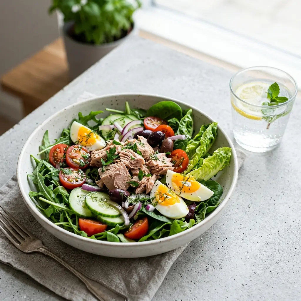 Grønn salat med tunfisk servert som frisk salat