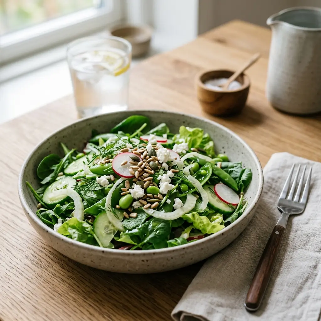 En frisk porsjon grønn salat med ferske råvarer og fin servering