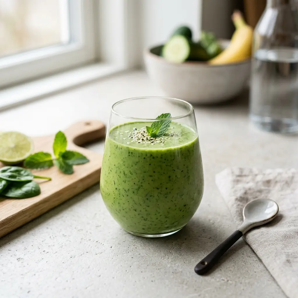 Et glass grønn smoothie servert kaldt og friskt med enkel pynt