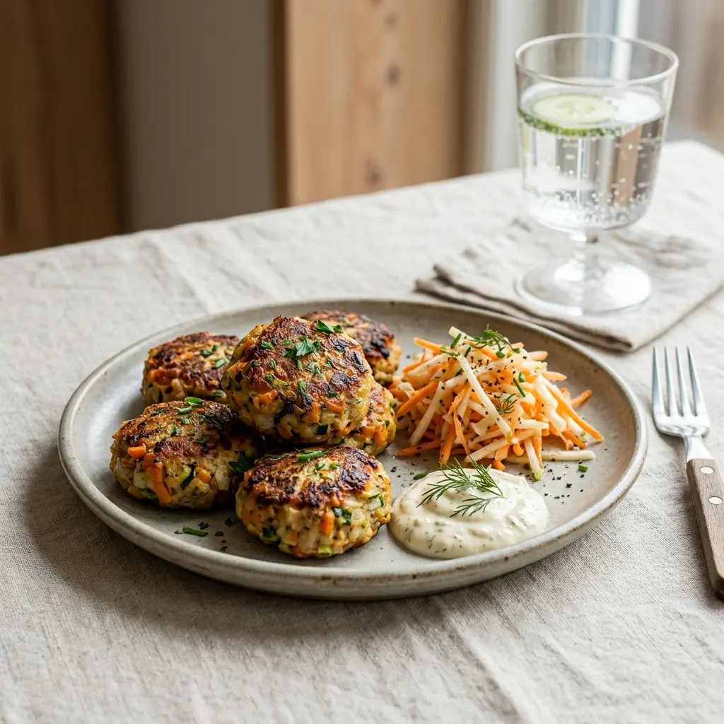 Nylaget grønnsaksfrikadeller servert på en appetittlig og hjemmelaget måte