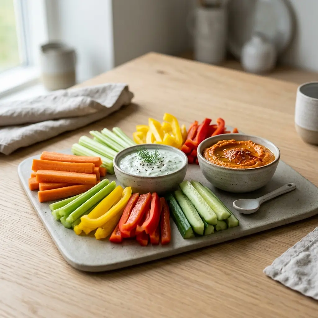 Nylaget grønnsaksstaver servert på en appetittlig og hjemmelaget måte
